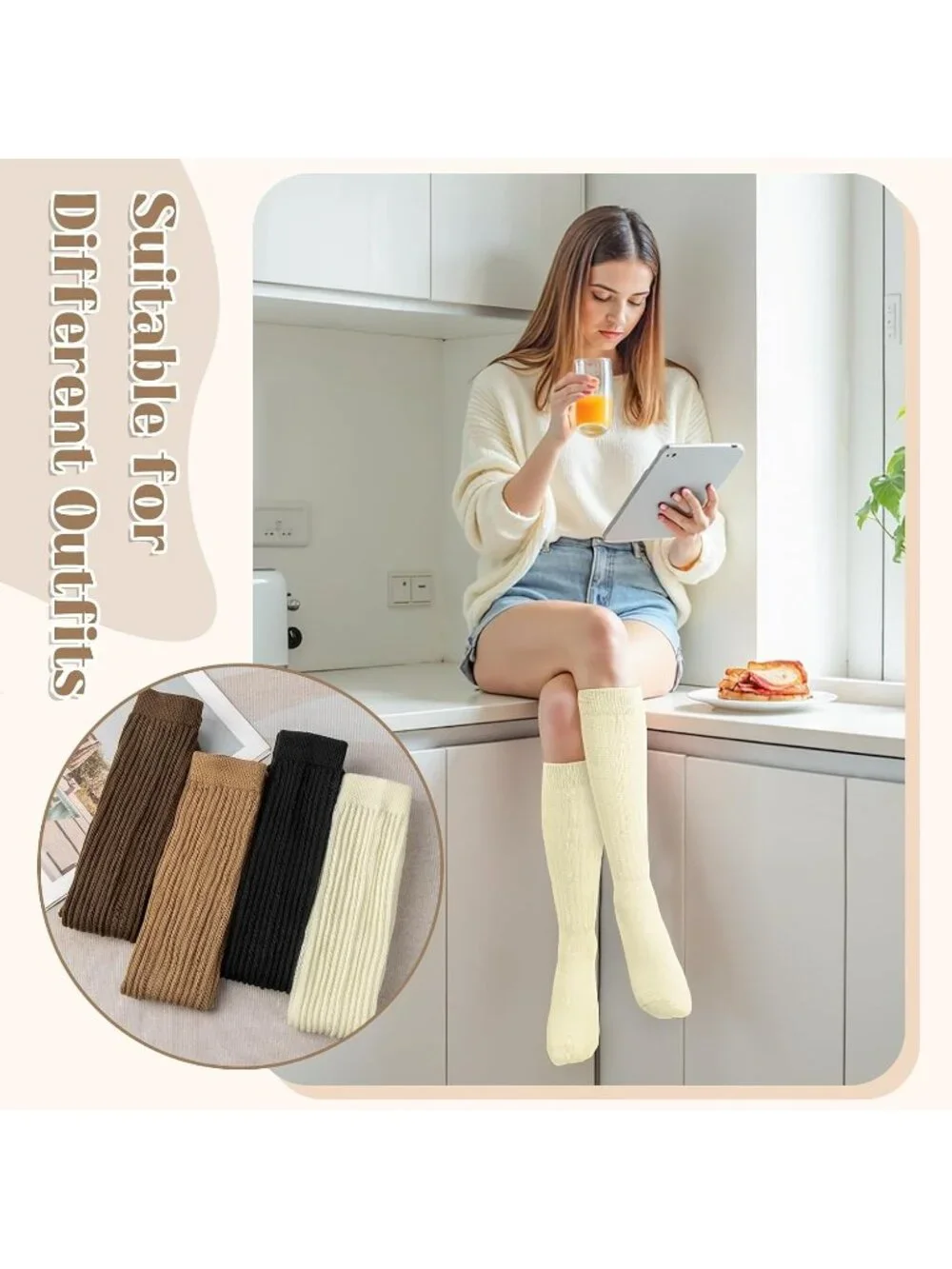 🧦Women's Black Brown 4 Pairs Slouchy Socks Boot Long Knee High Slouch Socks
